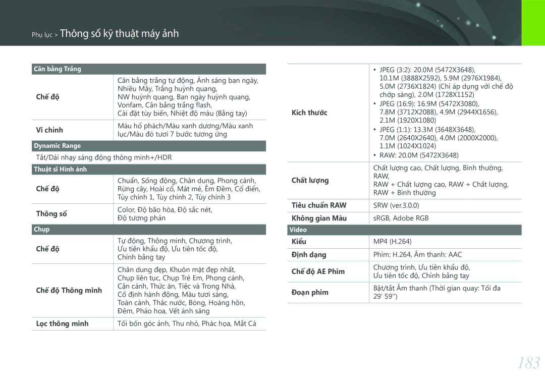 Samsung EV-NXF1ZZB1KVN manual 183, Phụ lục Thông số kỹ thuật máy ảnh 