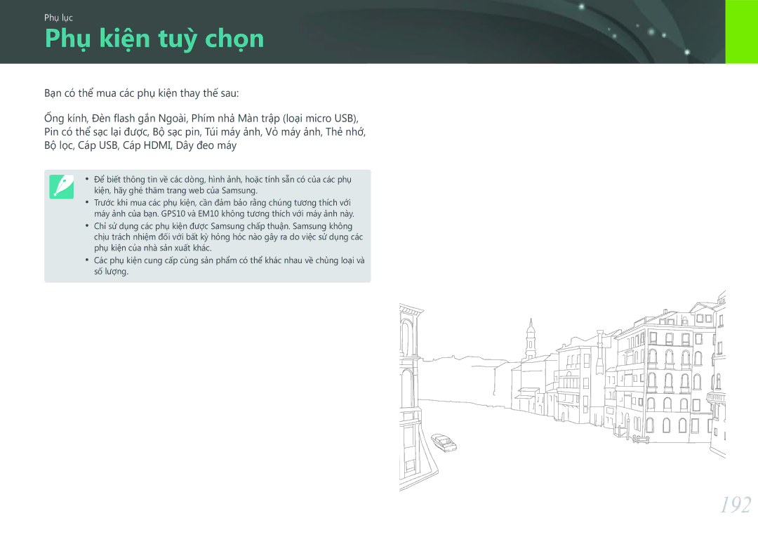 Samsung EV-NXF1ZZB1KVN manual Phụ kiện tuỳ chọn, 192 