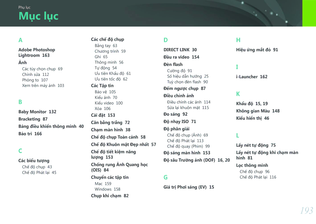 Samsung EV-NXF1ZZB1KVN manual Mục lục, 193, Adobe Photoshop Lightroom 