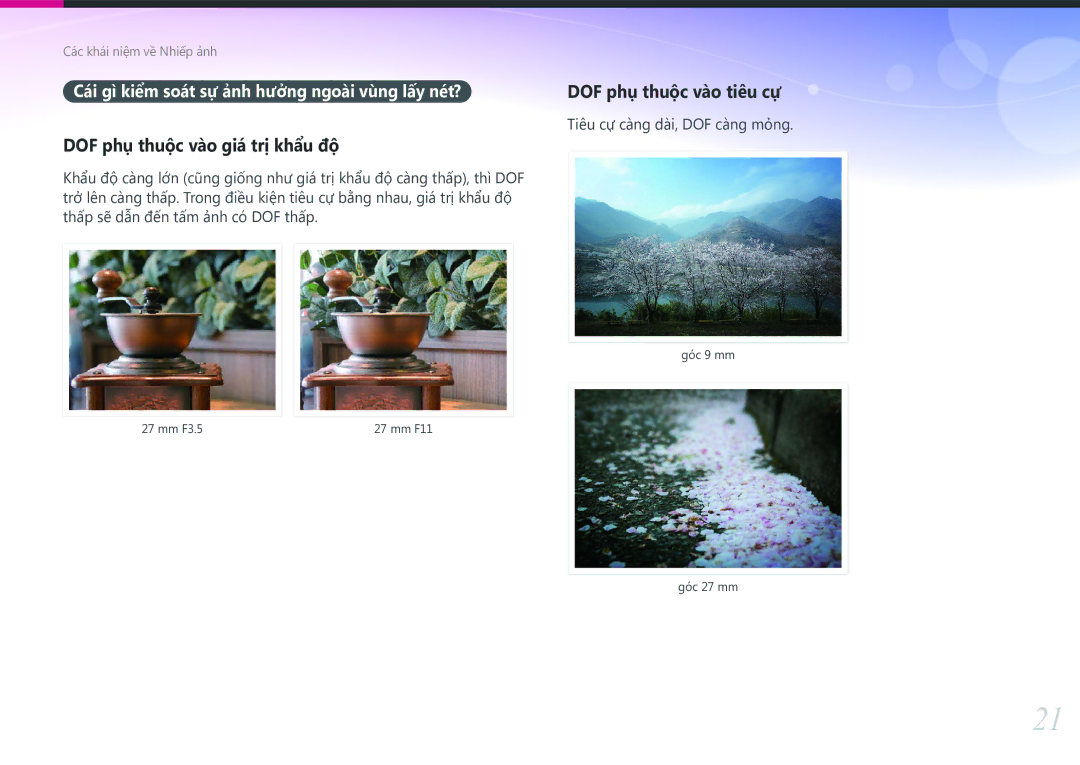 Samsung EV-NXF1ZZB1KVN manual DOF phụ thuộc vào giá trị khẩu độ, Tiêu cự càng dài, DOF càng mỏng 