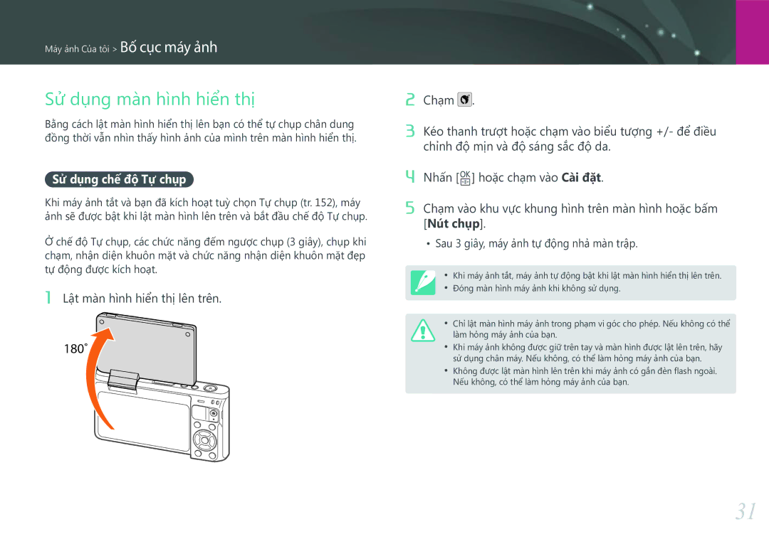 Samsung EV-NXF1ZZB1KVN manual Sử dụng màn hình hiển thị, Sử dụng chế độ Tự chụp, Lật màn hình hiển thị lên trên 