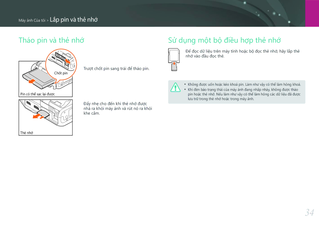 Samsung EV-NXF1ZZB1KVN manual Tháo pin và thẻ nhớ, Sử dụng một bộ điều hợp thẻ nhớ 