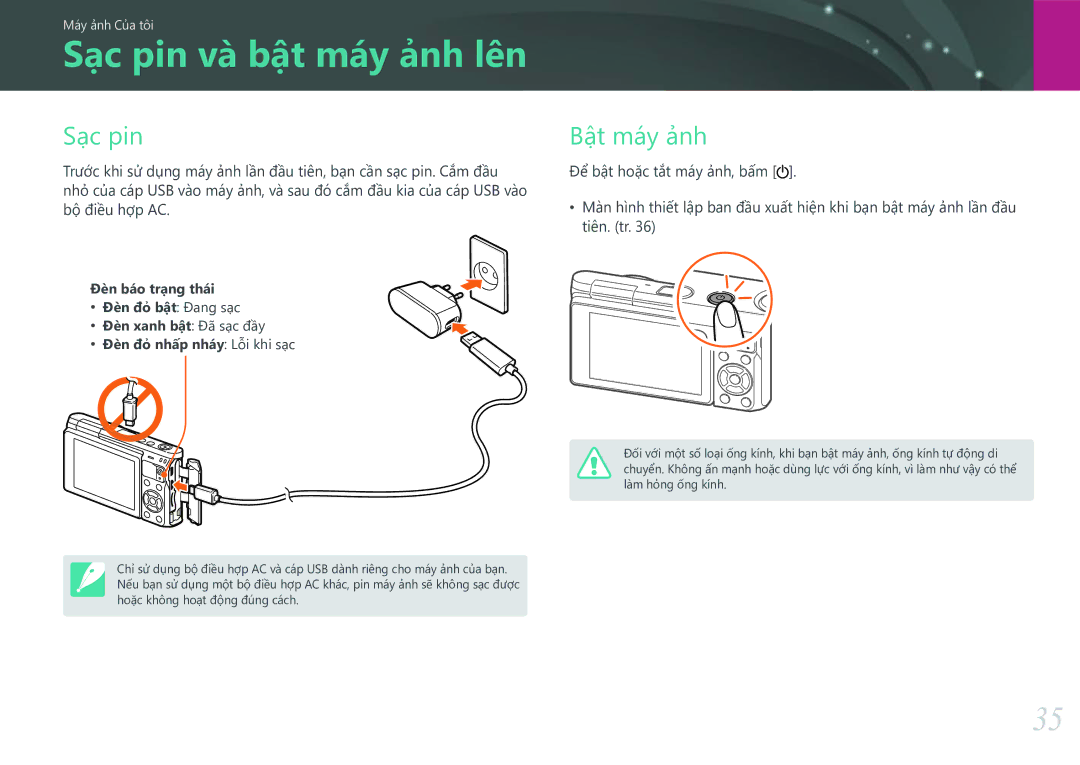 Samsung EV-NXF1ZZB1KVN manual Sạc pin và bật máy ảnh lên, Bật máy ảnh 