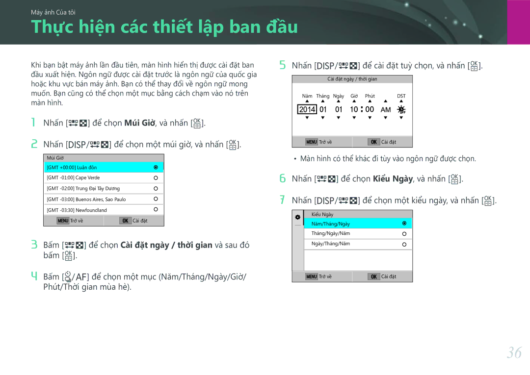 Samsung EV-NXF1ZZB1KVN manual Thực hiện các thiết lập ban đầu, Nhấn D/I để cài đặt tuỳ chọn, và nhấn o 