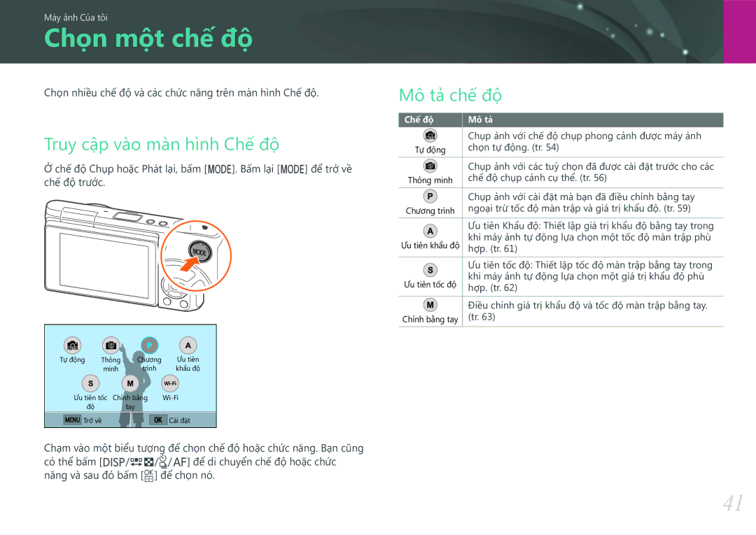 Samsung EV-NXF1ZZB1KVN manual Chọn một chế độ, Truy cập vào màn hình Chế độ, Mô tả chế độ 