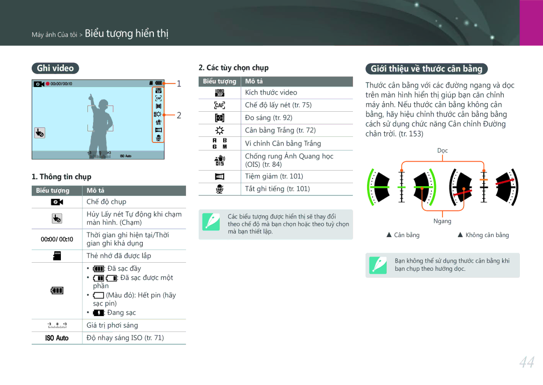 Samsung EV-NXF1ZZB1KVN manual Máy ảnh Của tôi Biểu tượng hiển thị, Ghi video, Giới thiệu về thước cân bằng 
