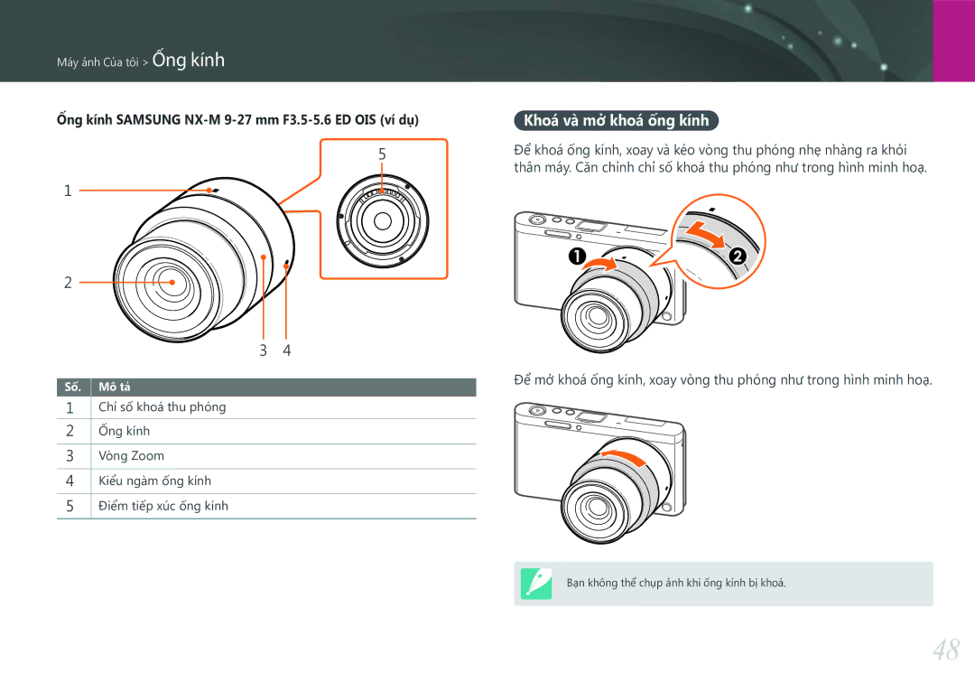 Samsung EV-NXF1ZZB1KVN manual Khoá và mở khoá ống kính, Ống kính Samsung NX-M 9-27 mm F3.5-5.6 ED OIS ví dụ 