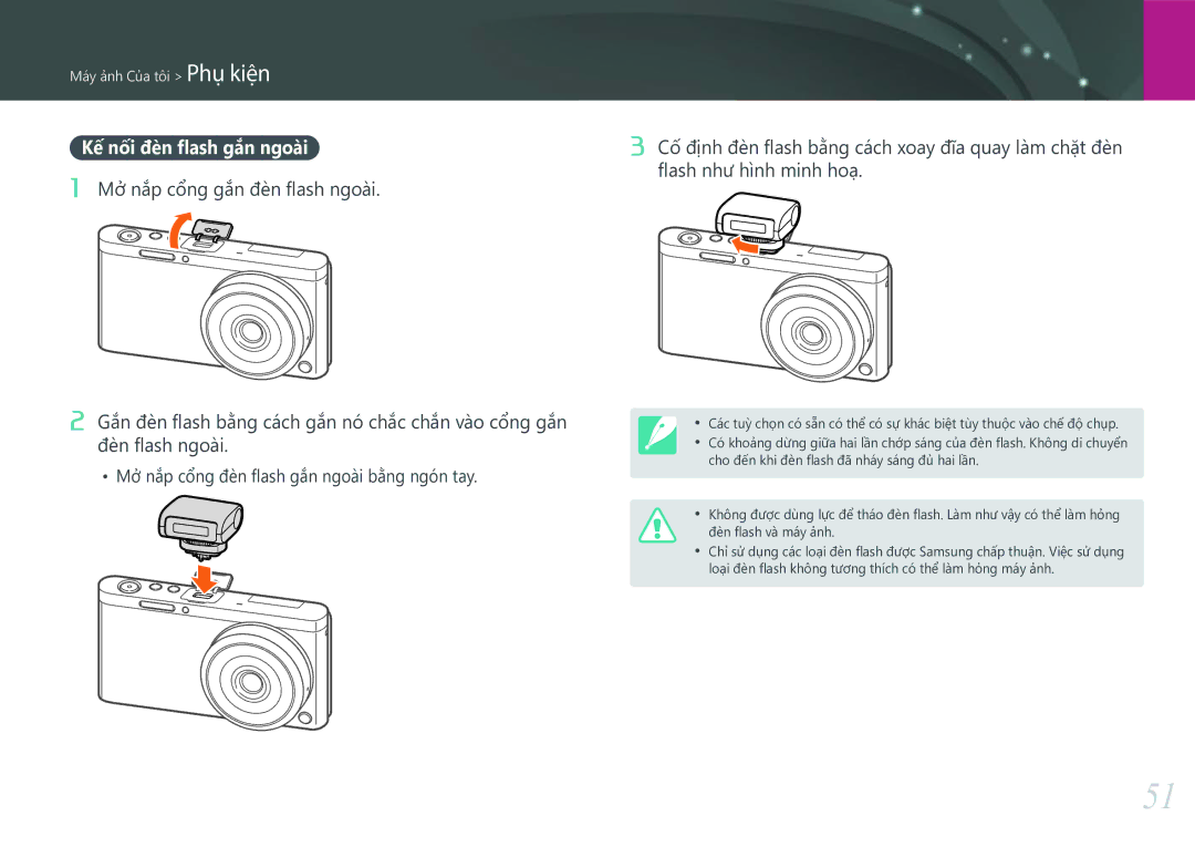 Samsung EV-NXF1ZZB1KVN manual Kế nối đèn flash gắn ngoài 