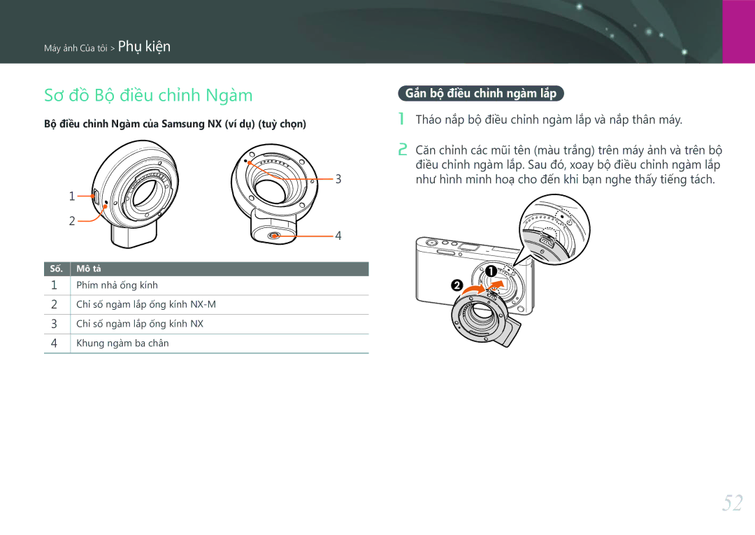 Samsung EV-NXF1ZZB1KVN manual Sơ đồ Bộ điều chỉnh Ngàm, Gắn bộ điều chỉnh ngàm lắp 