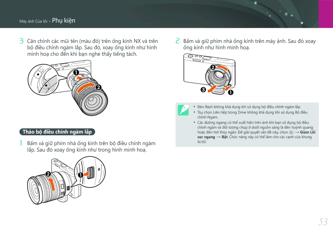 Samsung EV-NXF1ZZB1KVN manual Tháo bộ điều chỉnh ngàm lắp 