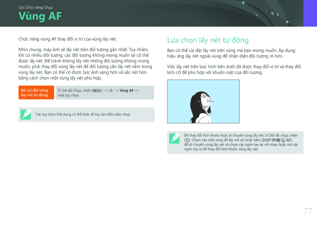 Samsung EV-NXF1ZZB1KVN manual Vùng AF, Lựa chọn lấy nét tự động 