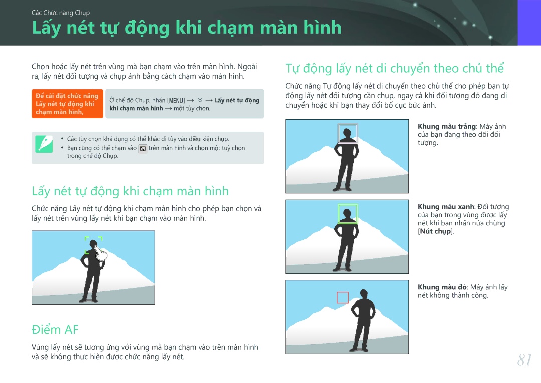 Samsung EV-NXF1ZZB1KVN manual Lấy nét tự động khi chạm màn hình, Lấy nét tự động khi chạm màn hình, Điểm AF 