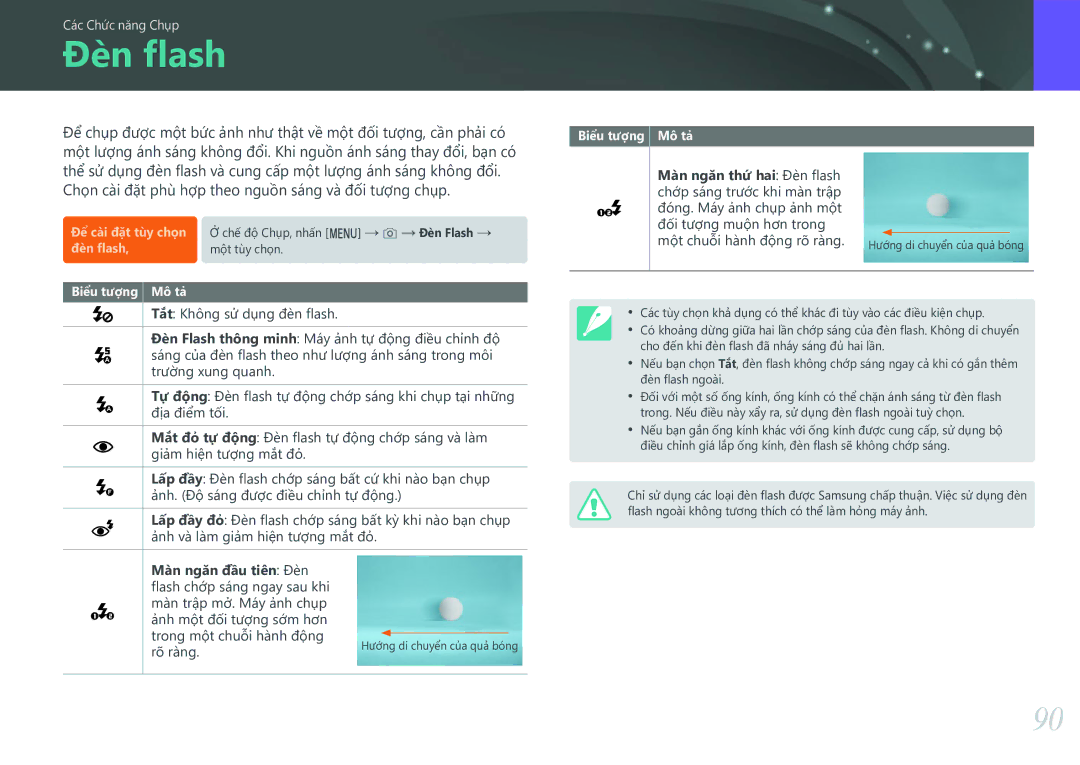 Samsung EV-NXF1ZZB1KVN manual Đèn flash, Màn ngăn đầu tiên Đèn 