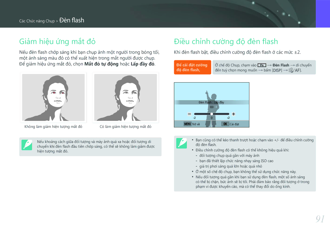 Samsung EV-NXF1ZZB1KVN manual Giảm hiệu ứng mắt đỏ, Điều chỉnh cường độ đèn flash 