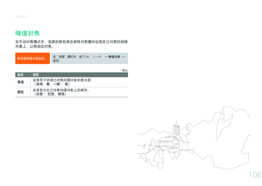 Samsung EV-NXF1ZZB2KHU, EV-NXF1ZZB2HDE, EV-NXF1ZZB2HCH, EV-NXF1ZZB2HHU, EV-NXF1ZZB1HHU, EV-NXF1ZZB2KCH manual 108, 峰值对焦 