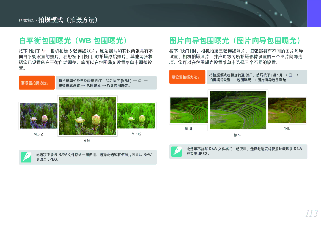 Samsung EV-NXF1ZZB1HCZ, EV-NXF1ZZB2HDE, EV-NXF1ZZB2HCH, EV-NXF1ZZB2HHU manual 113, 白平衡包围曝光（Wb 包围曝光）, 图片向导包围曝光（图片向导包围曝光） 