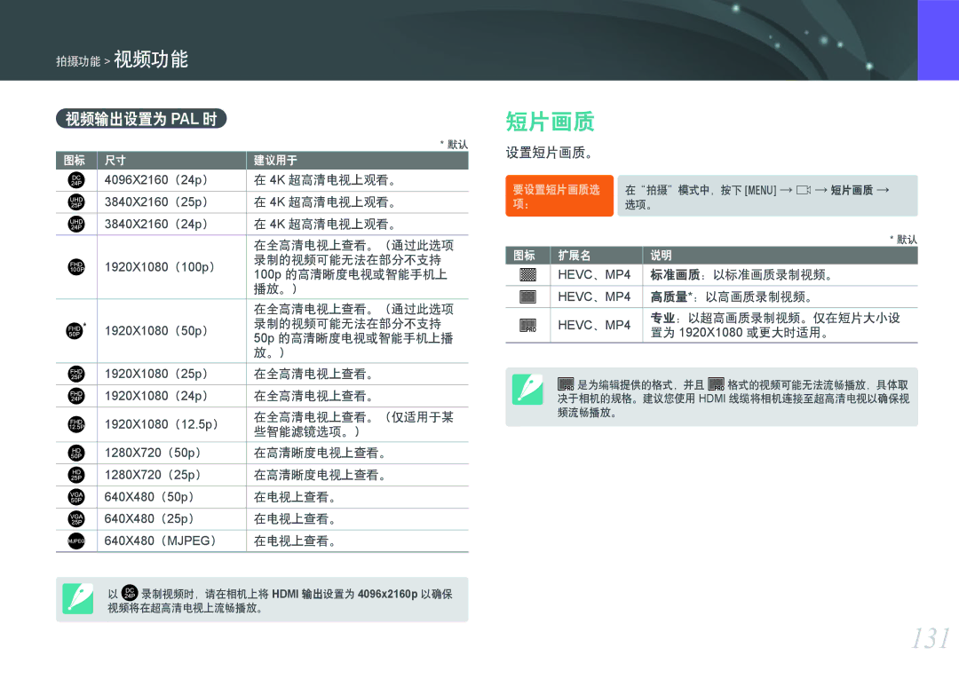 Samsung EV-NXF1ZZB1IHU, EV-NXF1ZZB2HDE, EV-NXF1ZZB2HCH, EV-NXF1ZZB2HHU, EV-NXF1ZZB1HHU manual 131, 视频输出设置为 Pal 时, 设置短片画质。 