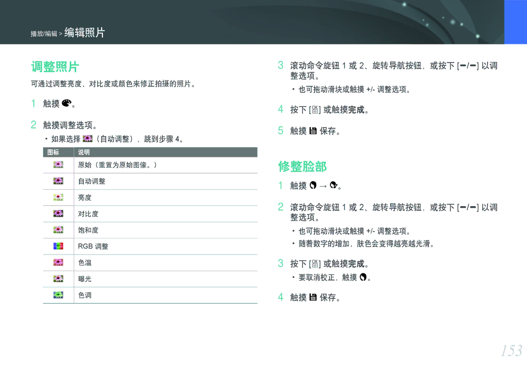 Samsung EV-NXF1ZZB2HCH, EV-NXF1ZZB2HDE, EV-NXF1ZZB2HHU, EV-NXF1ZZB1HHU, EV-NXF1ZZB2KCH, EV-NXF1ZZB1ICZ manual 153, 调整照片, 修整脸部 