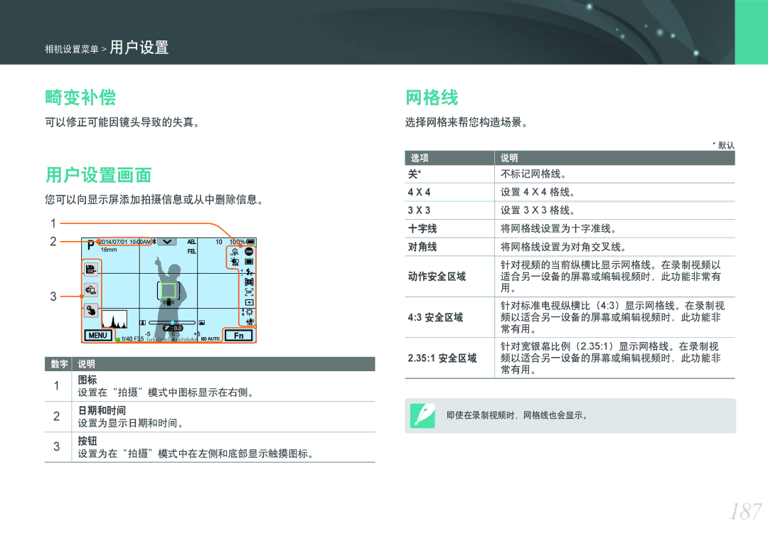 Samsung EV-NXF1ZZB2HCH, EV-NXF1ZZB2HDE, EV-NXF1ZZB2HHU, EV-NXF1ZZB1HHU, EV-NXF1ZZB2KCH, EV-NXF1ZZB1ICZ 187, 畸变补偿, 用户设置画面, 网格线 