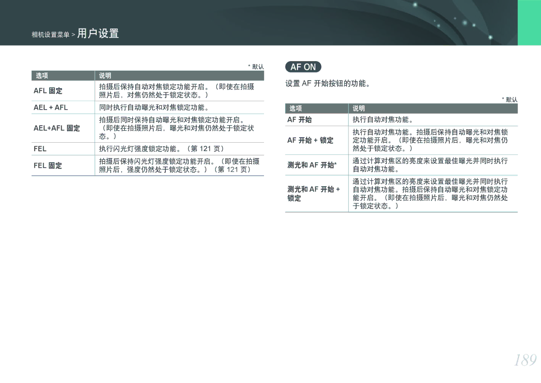 Samsung EV-NXF1ZZB1HHU, EV-NXF1ZZB2HDE, EV-NXF1ZZB2HCH, EV-NXF1ZZB2HHU, EV-NXF1ZZB2KCH, EV-NXF1ZZB1ICZ 189, 设置 Af 开始按钮的功能。 