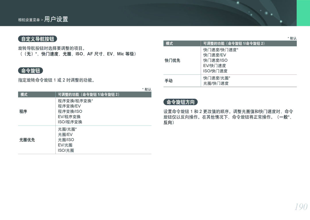 Samsung EV-NXF1ZZB2KCH, EV-NXF1ZZB2HDE, EV-NXF1ZZB2HCH, EV-NXF1ZZB2HHU 190, 命令旋钮方向, 旋转导航按钮时选择要调整的项目。, 指定旋转命令旋钮 1 或 2 时调整的功能。 