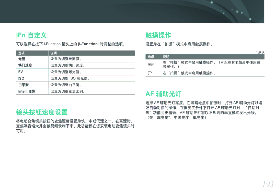 Samsung EV-NXF1ZZB2KHU, EV-NXF1ZZB2HDE, EV-NXF1ZZB2HCH, EV-NXF1ZZB2HHU, EV-NXF1ZZB1HHU manual 193, 镜头按钮速度设置, 触摸操作, Af 辅助光灯 