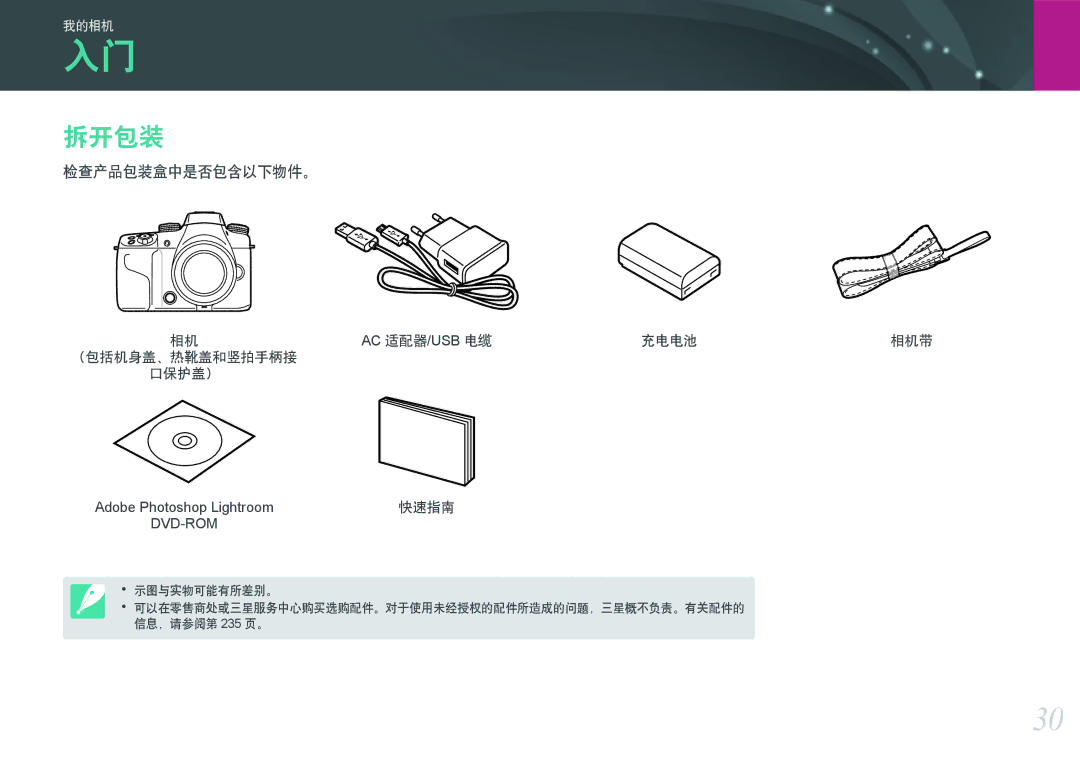 Samsung EV-NXF1ZZB1JHU, EV-NXF1ZZB2HDE, EV-NXF1ZZB2HCH manual 拆开包装, 检查产品包装盒中是否包含以下物件。, （包括机身盖、热靴盖和竖拍手柄接 口保护盖）, 充电电池, 快速指南 