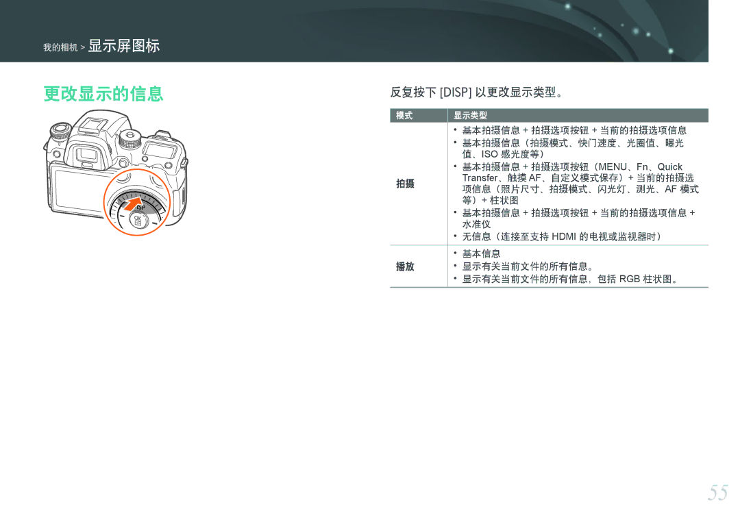 Samsung EV-NXF1ZZB1ICZ, EV-NXF1ZZB2HDE, EV-NXF1ZZB2HCH, EV-NXF1ZZB2HHU, EV-NXF1ZZB1HHU manual 更改显示的信息, 反复按下 D 以更改显示类型。 