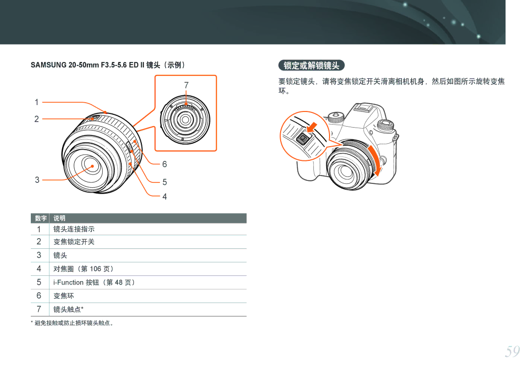 Samsung EV-NXF1ZZB2IHU, EV-NXF1ZZB2HDE 锁定或解锁镜头, 镜头连接指示 变焦锁定开关 对焦圈（第 106 页）, 变焦环 镜头触点, 要锁定镜头，请将变焦锁定开关滑离相机机身，然后如图所示旋转变焦 环。 