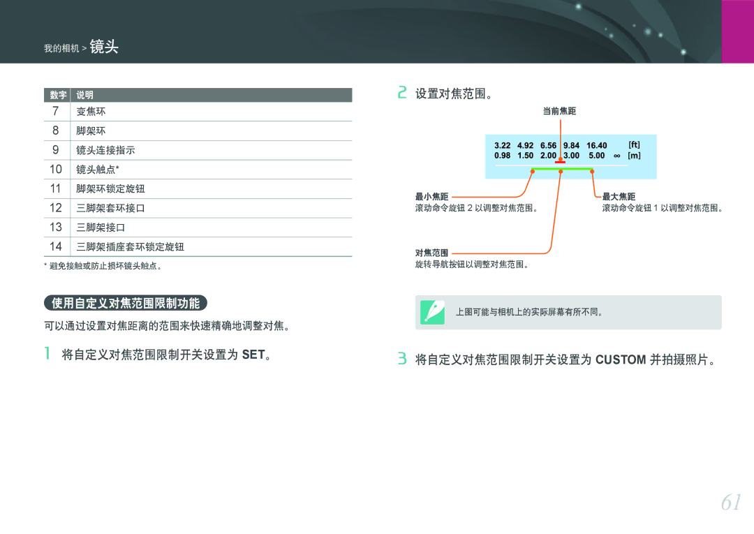 Samsung EV-NXF1ZZB4KCZ, EV-NXF1ZZB2HDE manual 使用自定义对焦范围限制功能, 将自定义对焦范围限制开关设置为 Set。 设置对焦范围。, 将自定义对焦范围限制开关设置为 Custom 并拍摄照片。 