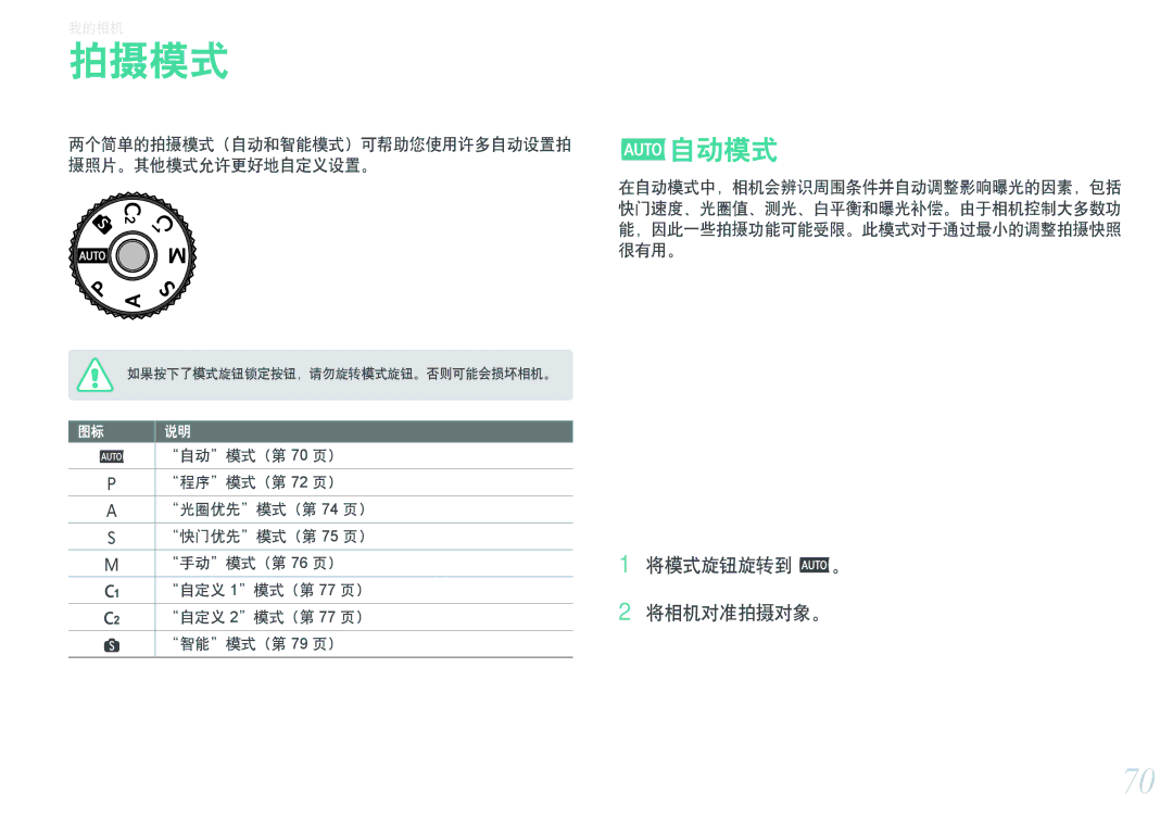 Samsung EV-NXF1ZZB1HHU manual T自动模式, 将模式旋钮旋转到 t。 将相机对准拍摄对象。, 两个简单的拍摄模式（自动和智能模式）可帮助您使用许多自动设置拍 摄照片。其他模式允许更好地自定义设置。 