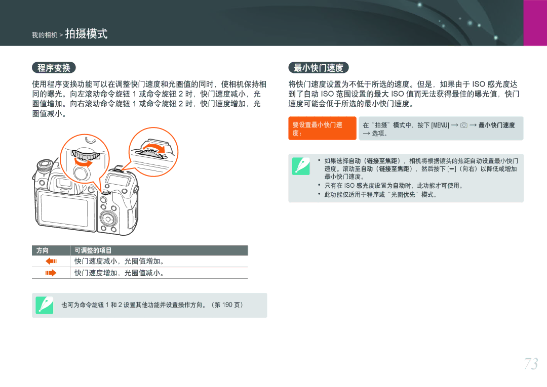 Samsung EV-NX1ZZZBZBCH, EV-NXF1ZZB2HDE 程序变换 最小快门速度, 使用程序变换功能可以在调整快门速度和光圈值的同时，使相机保持相, 同的曝光。向左滚动命令旋钮 1 或命令旋钮 2 时，快门速度减小，光 