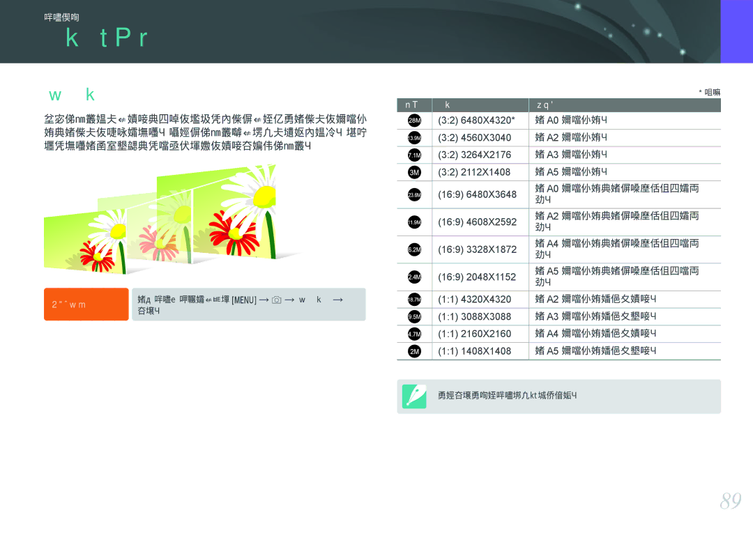 Samsung EV-NXF1ZZB1ICZ, EV-NXF1ZZB2HDE, EV-NXF1ZZB2HCH, EV-NXF1ZZB2HHU, EV-NXF1ZZB1HHU, EV-NXF1ZZB2KCH manual 尺寸和分辨率, 照片尺寸 