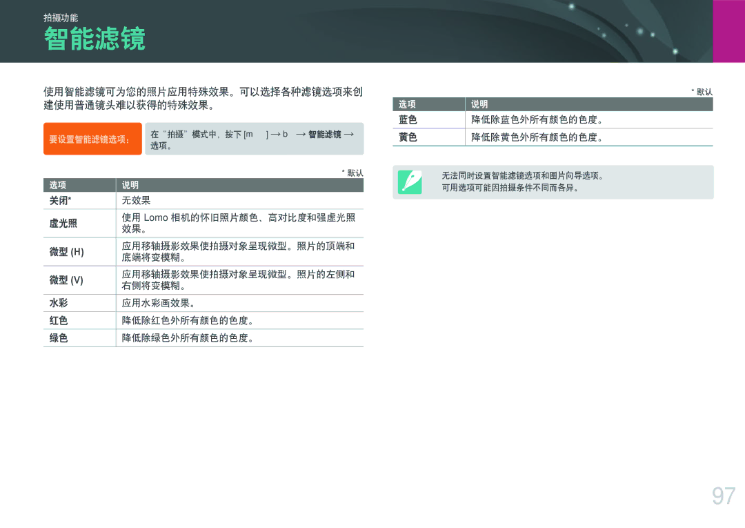 Samsung EV-NXF1ZZB1IHU, EV-NXF1ZZB2HDE, EV-NXF1ZZB2HCH manual 使用智能滤镜可为您的照片应用特殊效果。可以选择各种滤镜选项来创 建使用普通镜头难以获得的特殊效果。, 无效果, 虚光照 