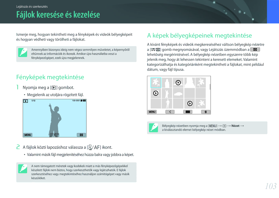 Samsung EV-NXF1ZZB2IHU manual Fájlok keresése és kezelése, 103, Fényképek megtekintése, Képek bélyegképeinek megtekintése 