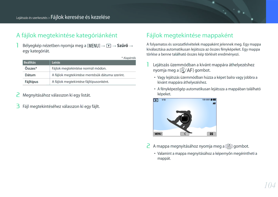 Samsung EV-NXF1ZZB2JHU, EV-NXF1ZZB2HDE manual 104, Fájlok megtekintése kategóriánként, Fájlok megtekintése mappaként 