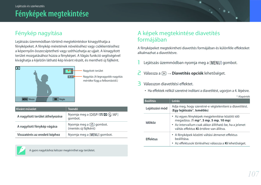 Samsung EV-NXF1ZZB1IHU manual Fényképek megtekintése, 107, Fénykép nagyítása, Képek megtekintése diavetítés formájában 