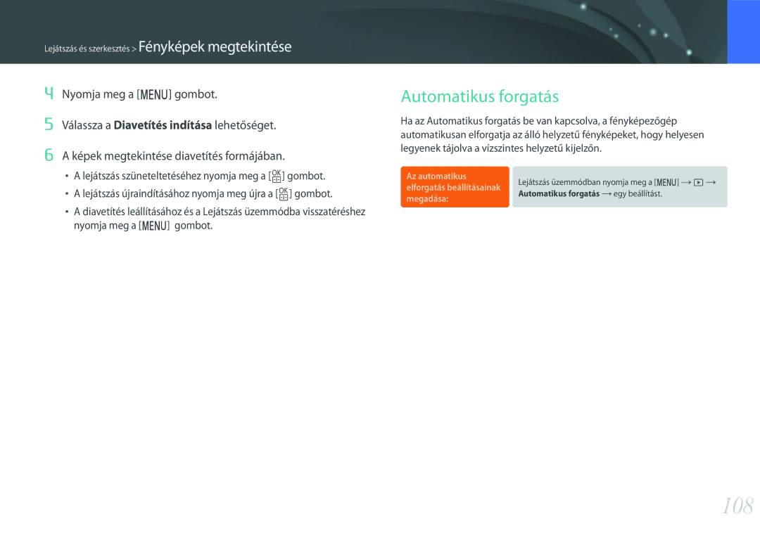 Samsung EV-NXF1ZZB1JHU, EV-NXF1ZZB2HDE, EV-NXF1ZZB2HCH, EV-NXF1ZZB2HHU, EV-NXF1ZZB1HHU manual 108, Automatikus forgatás 