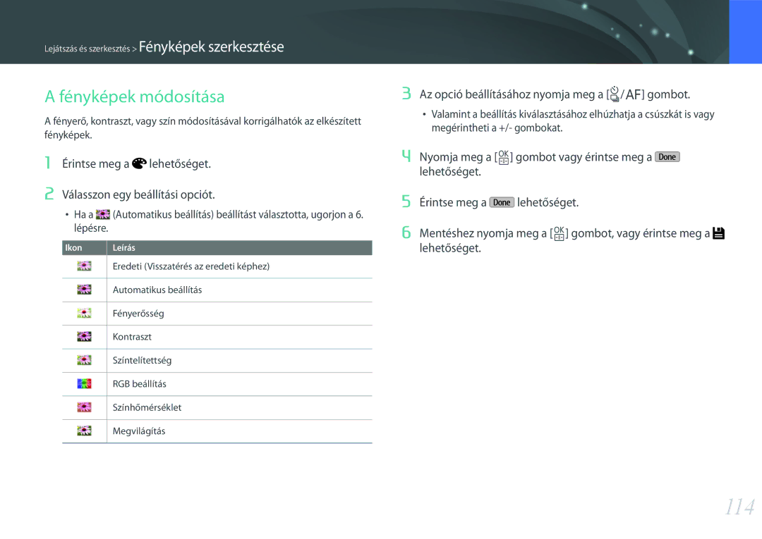 Samsung EV-NXF1ZZB1HHU, EV-NXF1ZZB2HDE, EV-NXF1ZZB2HCH manual 114, Érintse meg a lehetőséget Válasszon egy beállítási opciót 