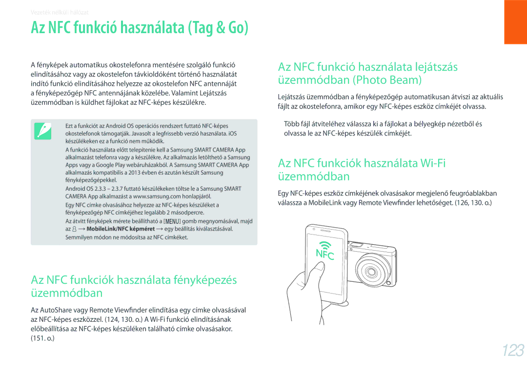 Samsung EV-NXF1ZZB1IHU 123, Az NFC funkciók használata fényképezés üzemmódban, Az NFC funkciók használata Wi-Fi üzemmódban 