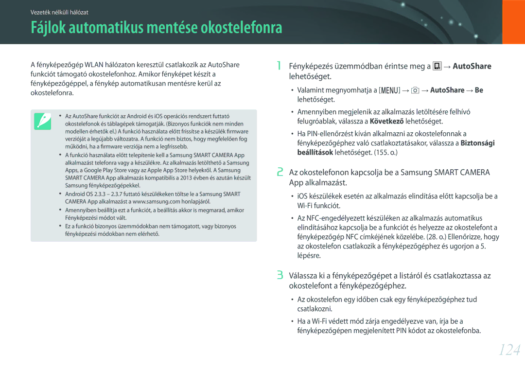 Samsung EV-NXF1ZZB1JHU, EV-NXF1ZZB2HDE, EV-NXF1ZZB2HCH, EV-NXF1ZZB2HHU manual Fájlok automatikus mentése okostelefonra, 124 