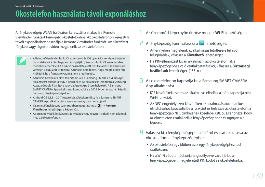 Samsung EV-NXF1ZZB1HHU, EV-NXF1ZZB2HDE, EV-NXF1ZZB2HCH, EV-NXF1ZZB2HHU manual Okostelefon használata távoli exponáláshoz, 130 