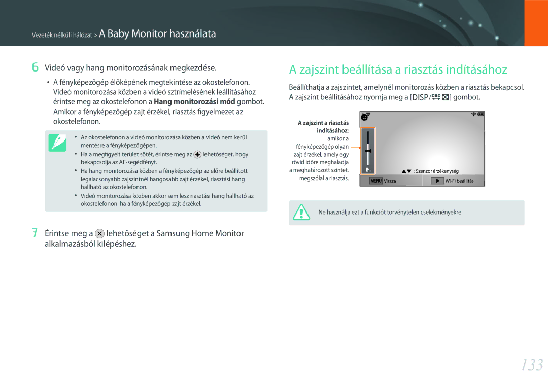 Samsung EV-NXF1ZZB2KHU manual 133, Zajszint beállítása a riasztás indításához, Videó vagy hang monitorozásának megkezdése 