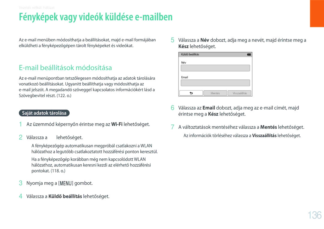 Samsung EV-NXF1ZZB2JHU Fényképek vagy videók küldése e-mailben, 136, Mail beállítások módosítása, Saját adatok tárolása 