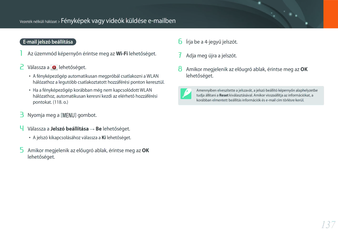 Samsung EV-NXF1ZZB4KCZ, EV-NXF1ZZB2HDE, EV-NXF1ZZB2HCH, EV-NXF1ZZB2HHU, EV-NXF1ZZB1HHU manual 137, Mail jelszó beállítása 