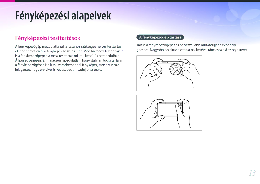 Samsung EV-NXF1ZZB4HCZ, EV-NXF1ZZB2HDE, EV-NXF1ZZB2HCH, EV-NXF1ZZB2HHU manual Fényképezési alapelvek, Fényképezőgép tartása 