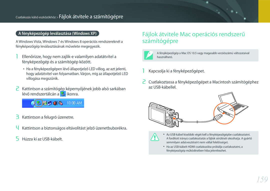 Samsung EV-NXF1ZZB2HDE 159, Fájlok átvitele Mac operációs rendszerű számítógépre, Fényképezőgép leválasztása Windows XP 