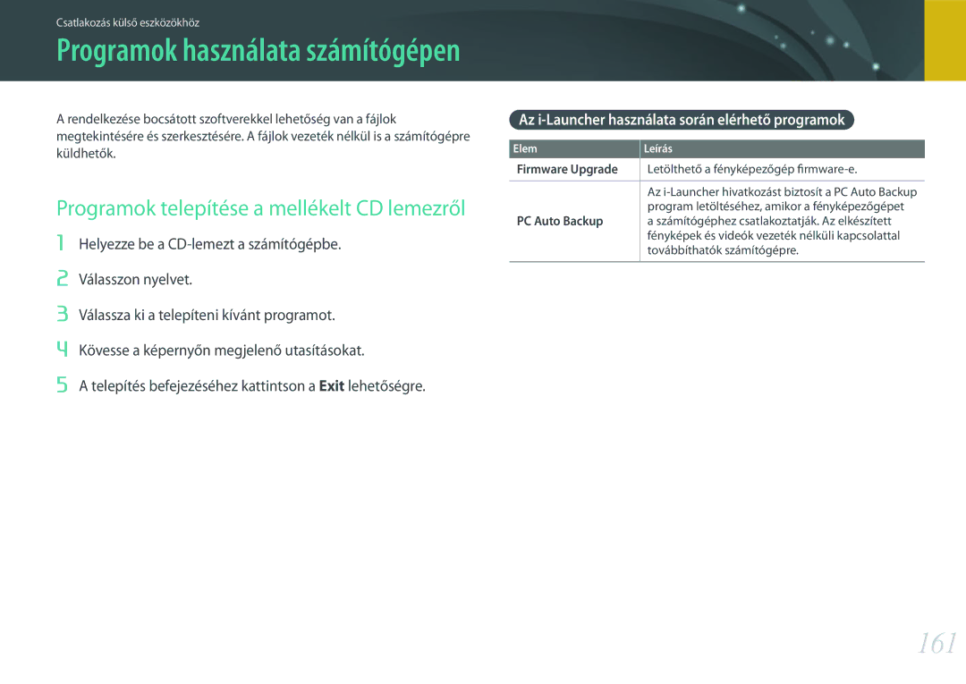 Samsung EV-NXF1ZZB2HHU manual 161, Az i-Launcher használata során elérhető programok, Firmware Upgrade, PC Auto Backup 