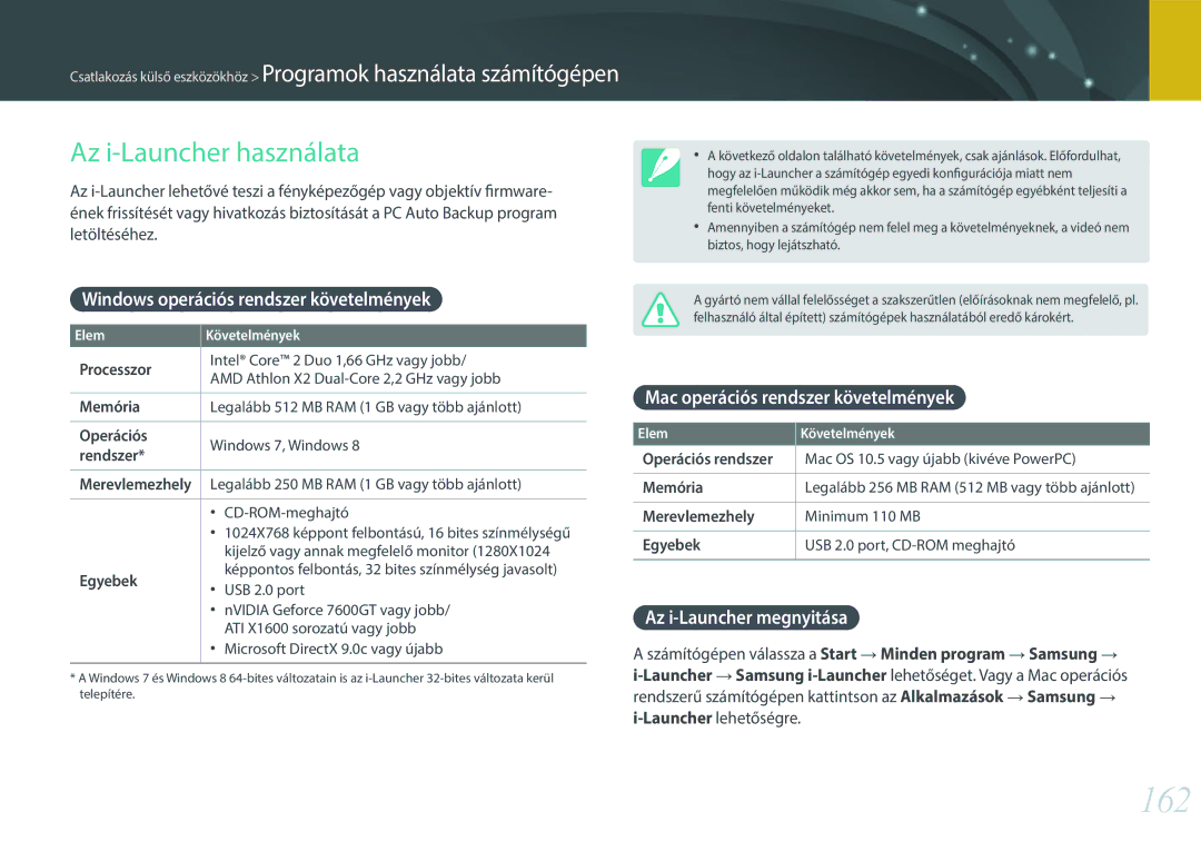 Samsung EV-NXF1ZZB1HHU, EV-NXF1ZZB2HDE 162, Windows operációs rendszer követelmények, Mac operációs rendszer követelmények 