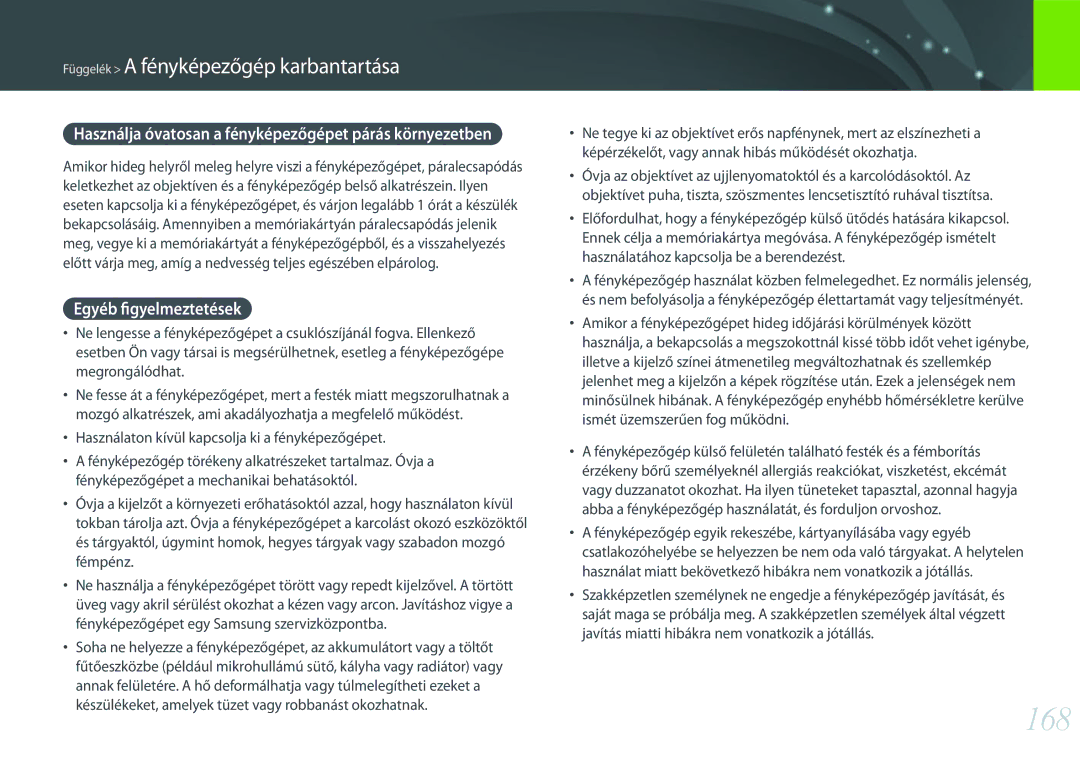 Samsung EV-NXF1ZZB2JHU, EV-NXF1ZZB2HDE, EV-NXF1ZZB2HCH, EV-NXF1ZZB2HHU, EV-NXF1ZZB1HHU manual 168, Egyéb figyelmeztetések 